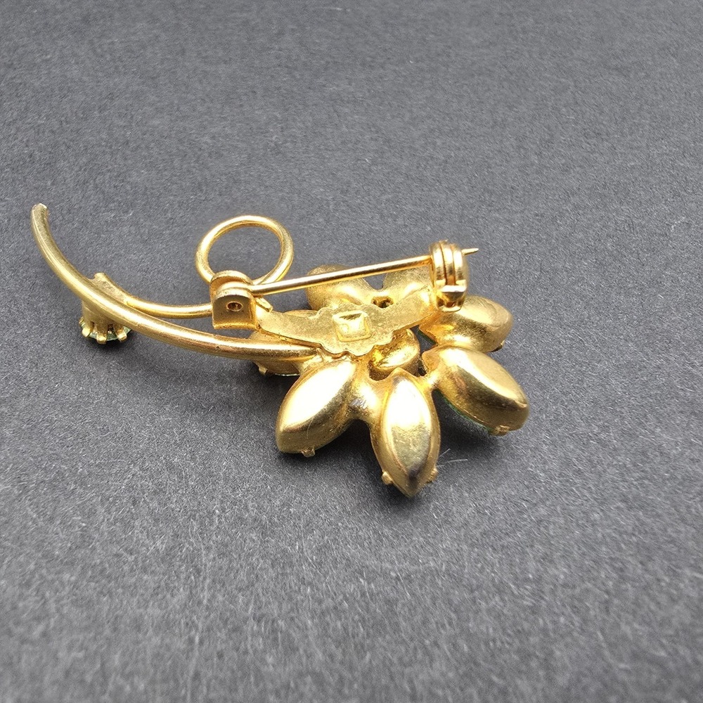 Vintage Green Rhinestone Flower Pin Brooch Gold Tone Estate Statement Jewelry - Picture 8 of 8